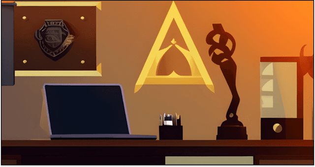 A desk with a laptop an trophies on it.